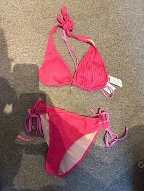 aerie Pink Ribbed Triangle Tie Bikini Set